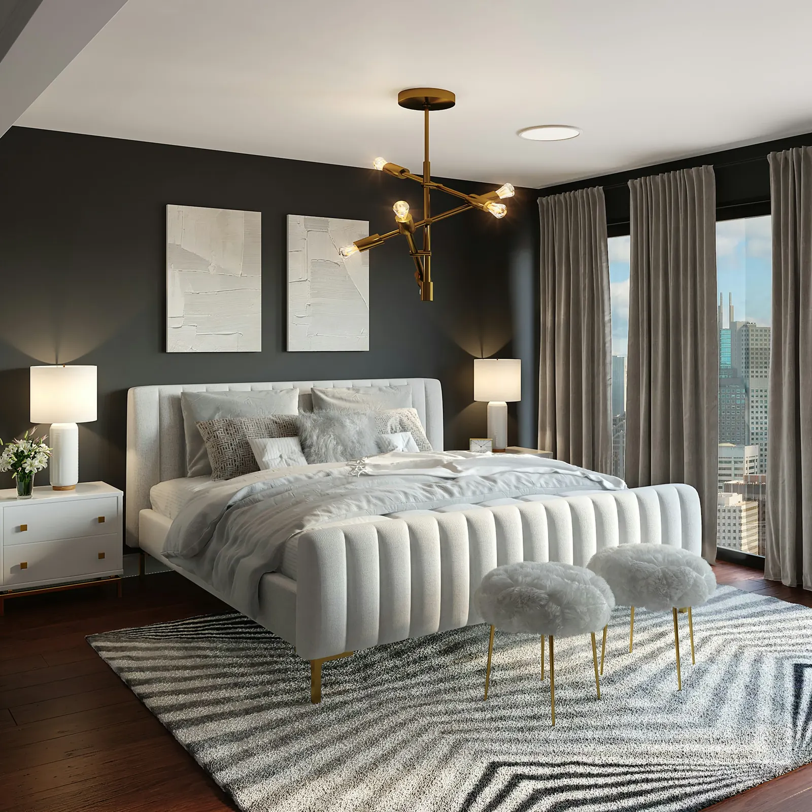Bedroom with an upholstered bed, dark walls and brass pendant lighting