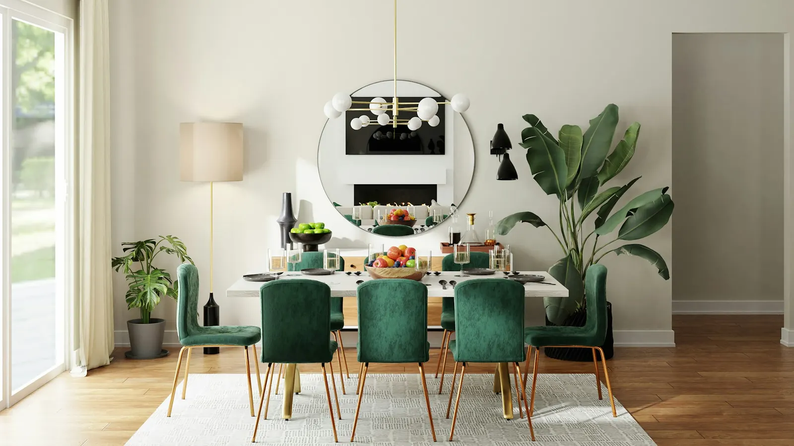 Dining room with green velvet chairs around a white table